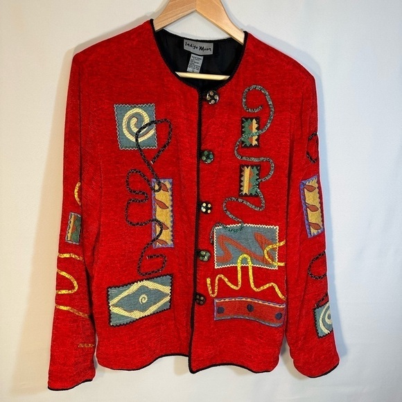 Indigo Vintage Front Button Long Sleeve Blazer Jacket Patchwork Wearable Art S - Picture 1 of 9